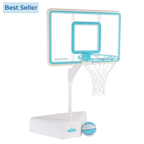 Best-selling adjustable pool basketball hoop with clear backboard, white base, and teal and white basketball included Best-selling adjustable pool basketball hoop with clear backboard, white base, and teal and white basketball included