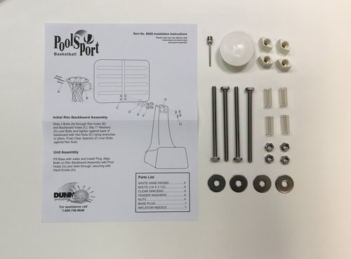 PoolSport basketball hoop hardware replacement kit with bolts, washers, caps, and instructions for pre-2017 models PoolSport basketball hoop hardware replacement kit with bolts, washers, caps, and instructions for pre-2017 models