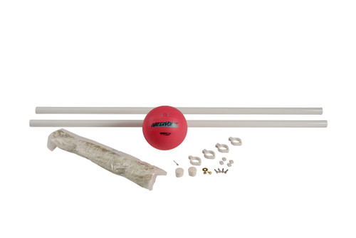 Pool volleyball kit with red volleyball, net, poles, and mounting hardware for in-pool installation Pool volleyball kit with red volleyball, net, poles, and mounting hardware for in-pool installation