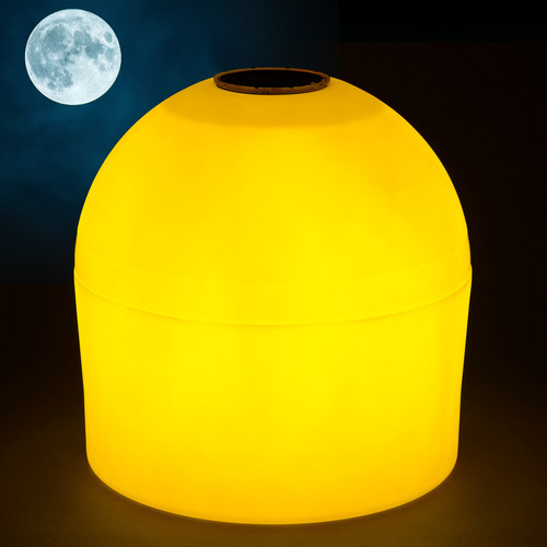 Solar-powered yellow LED buoy glowing at night with moonlight in the background – automatic dusk-to-dawn marine lighting Solar-powered yellow LED buoy glowing at night with moonlight in the background – automatic dusk-to-dawn marine lighting