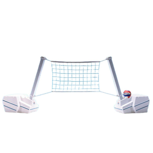 Floating pool volleyball net system with weighted bases and red, white, and blue volleyball Floating pool volleyball net system with weighted bases and red, white, and blue volleyball