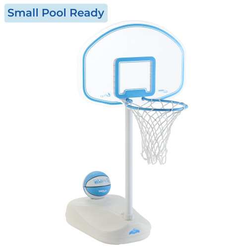Compact pool basketball hoop with rounded clear backboard and teal 9-inch ball, perfect for small pools Compact pool basketball hoop with rounded clear backboard and teal 9-inch ball, perfect for small pools