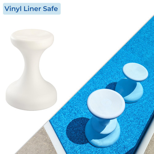 Submersible bar stools in white and blue resting on vinyl liner pool floor, safe for all surfaces Submersible bar stools in white and blue resting on vinyl liner pool floor, safe for all surfaces