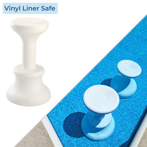 Submersible bar stools in white and blue resting on vinyl liner pool floor, safe for all surfaces