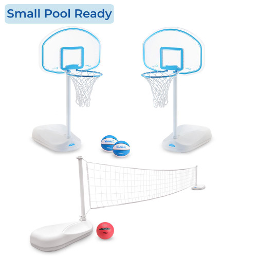 Small pool–ready ClearShot Combo set with dual pool basketball hoops and volleyball net for summer fun Small pool–ready ClearShot Combo set with dual pool basketball hoops and volleyball net for summer fun