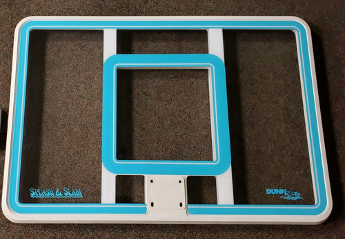 Clear polycarbonate replacement backboard for Splash & Slam pool basketball hoop with teal trim and mounting bracket Clear polycarbonate replacement backboard for Splash & Slam pool basketball hoop with teal trim and mounting bracket