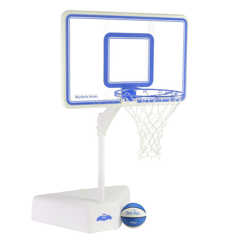 Portable pool basketball hoop with blue trim, clear polycarbonate backboard, and matching Splash It ball Portable pool basketball hoop with blue trim, clear polycarbonate backboard, and matching Splash It ball