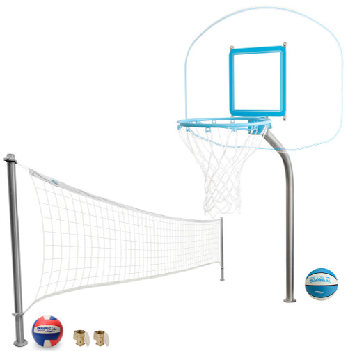 Poolside basketball and volleyball combo set with clear backboard and adjustable volleyball net