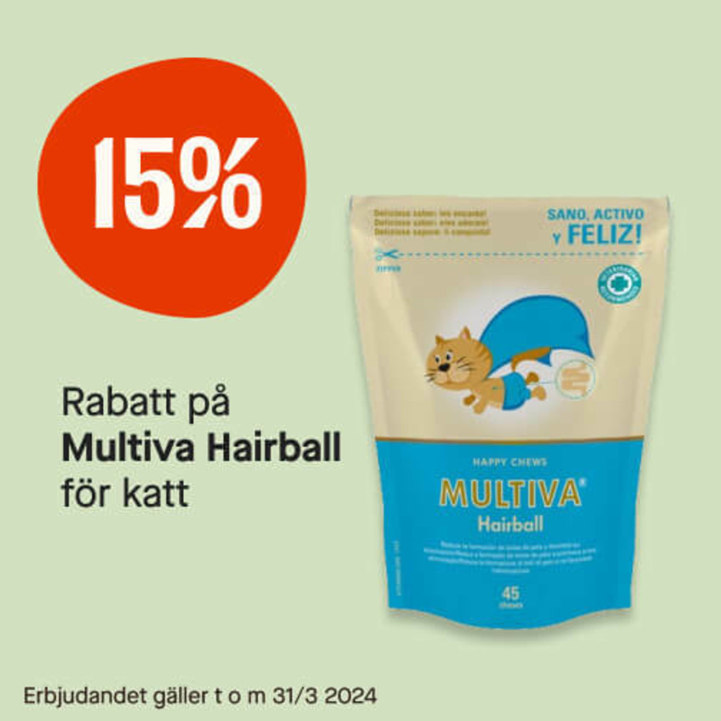 15% rabatt på Multiva Hairball för katt