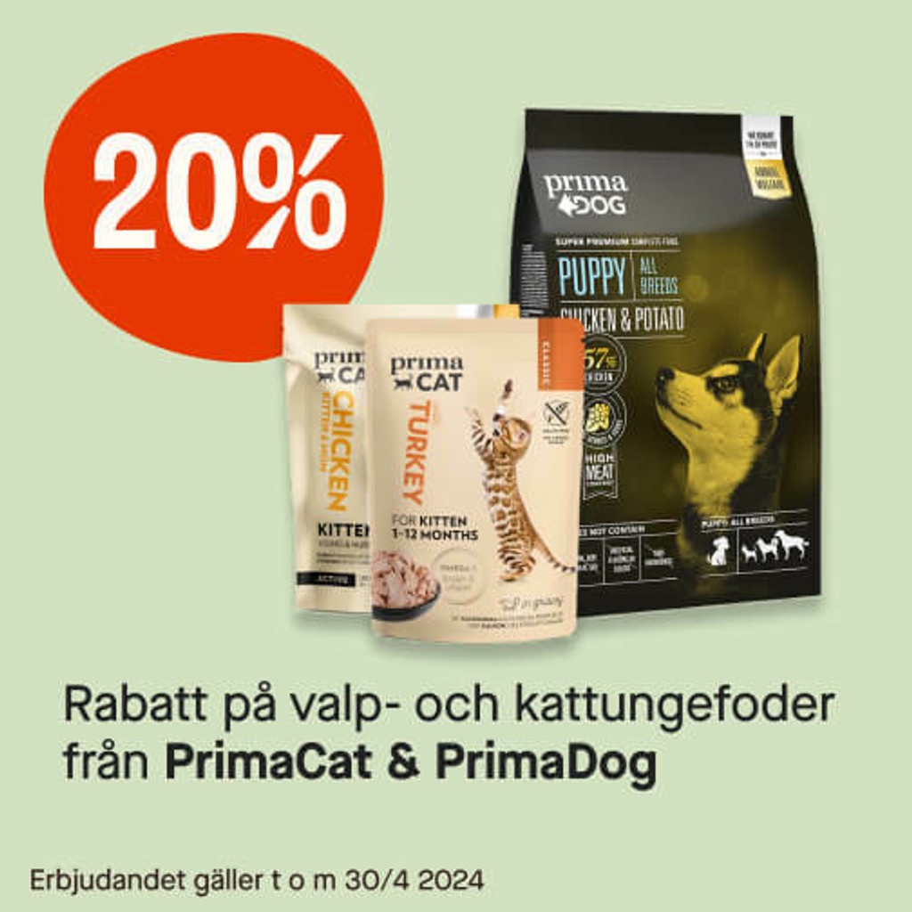 20% valp & kattungefoder från PrimaPet