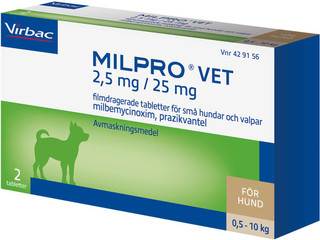 Milpro vet. Filmdragerad tablett 2,5 mg/25 mg, till Valpar