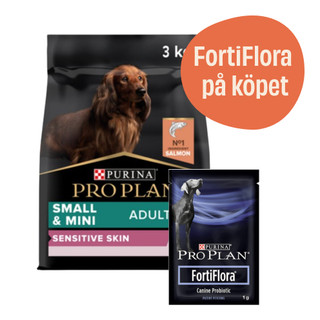 Small & Mini Adult Sensitive Skin Salmon hundfoder + 7-pack FortiFlora