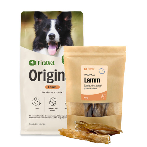 Köp FirstVet Original Lamm, milt och snällt foder för hundar 12 kg - få tuggben på köpet!