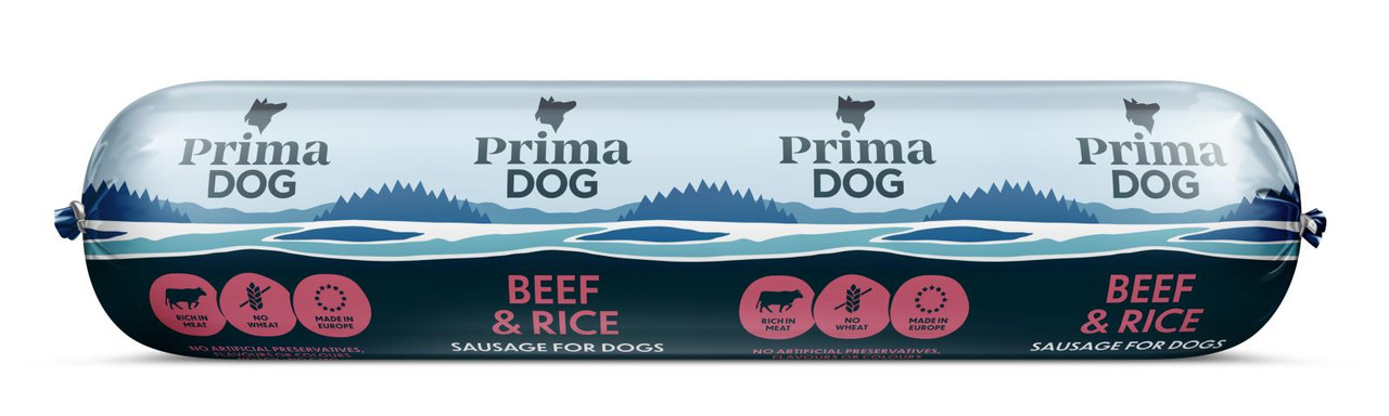 PrimaDog Nöt & Ris Köttkorv – 12 x 800 g