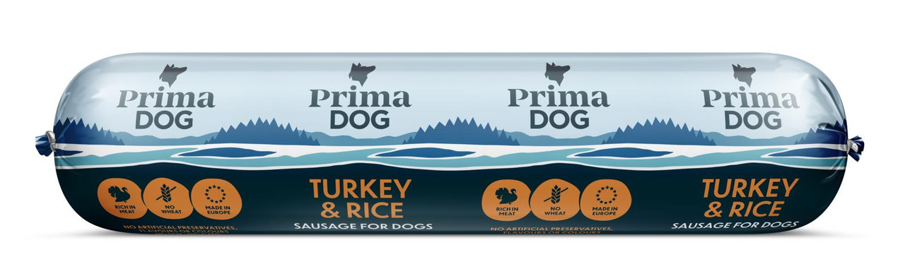 PrimaDog Kalkon & Ris Köttkorv – 12 x 800 g