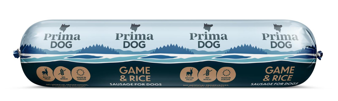 PrimaDog Vilt & Ris Köttkorv – 12 x 800 g