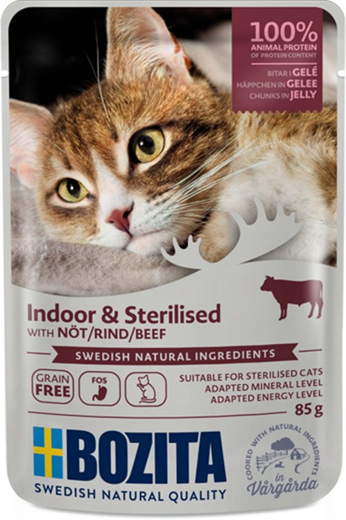 Indoor & Sterilised Våfoder med Nöt i Gelé för katt – 12 st x 85 g