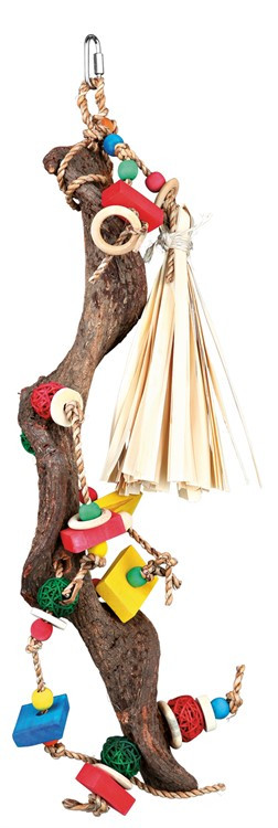 Hängande Leksak till Parakit/Papegoja – Träpinne med färgglada attiraljer