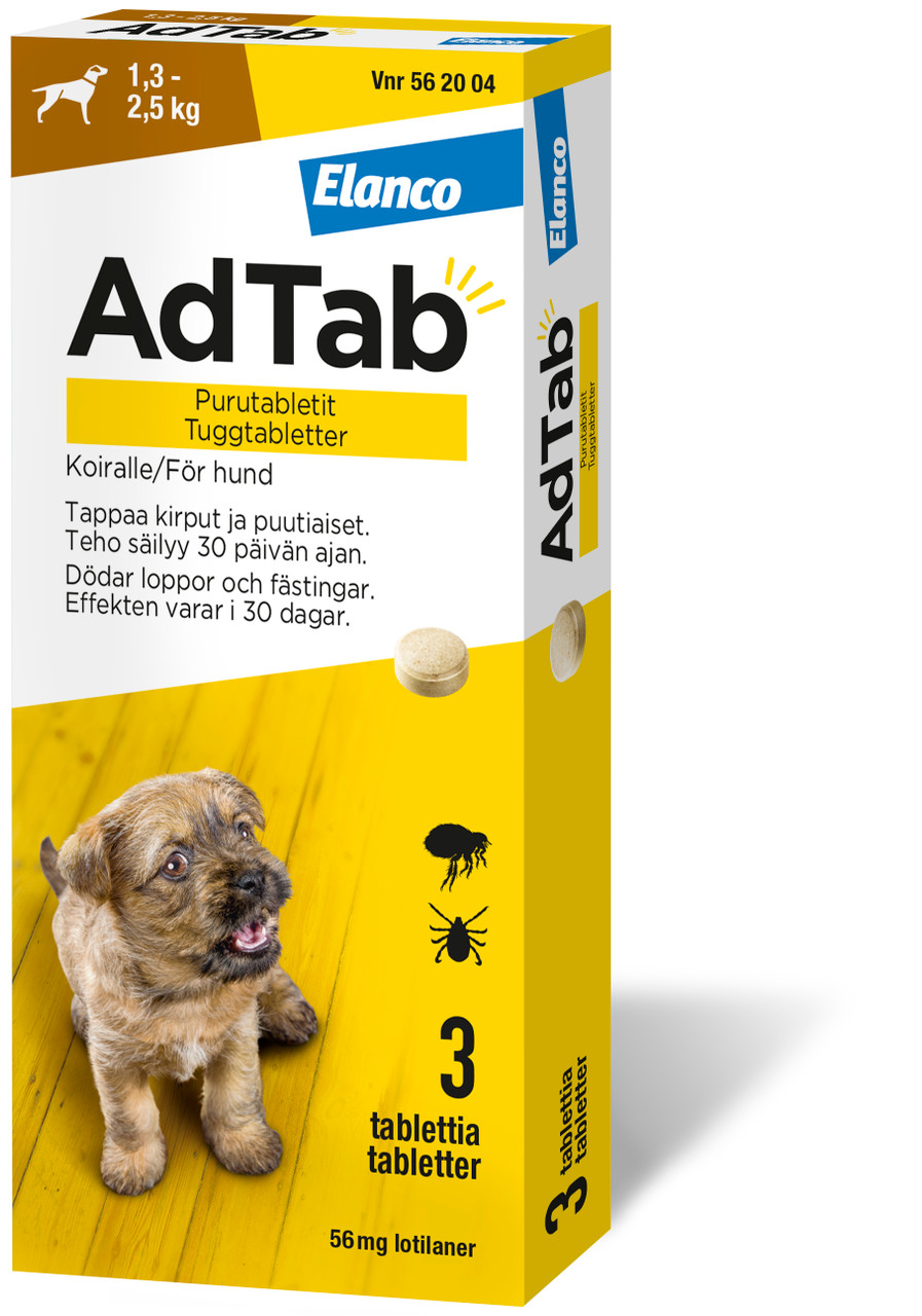 AdTab. 56 mg tuggtabletter för hund (1,3–2,5 kg) – 3 st tuggtablett