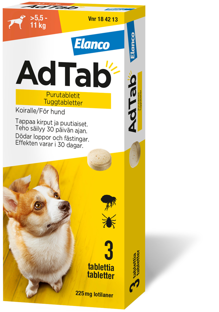 AdTab. 225 mg tuggtabletter för hund (> 5,5–11 kg) – 3 st tuggtablett