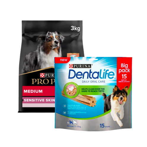 Köp Medium Adult Sensitive Skin hundfoder – Få Dentalife på köpet – 3 kg