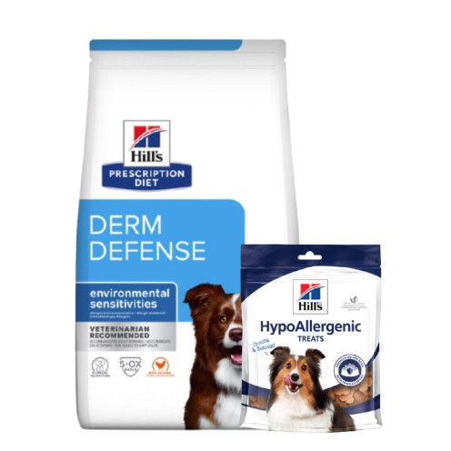 Treats + Prescription Diet Derm Defense Torrfoder med Kyckling Hundfoder - 12 kg + treats