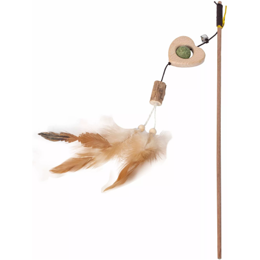 Kattspö i trä med trähjärta, pingla, fjädrar - Kattspö