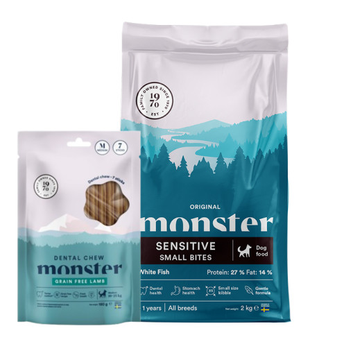 Köp Dog Sensitive White Fish Small Bites - få Dental Chew på köpet! - 12 kg + Dental Chew