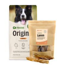 Köp FirstVet Original Lamm, milt och snällt foder för hundar 12 kg - få tuggben på köpet!
