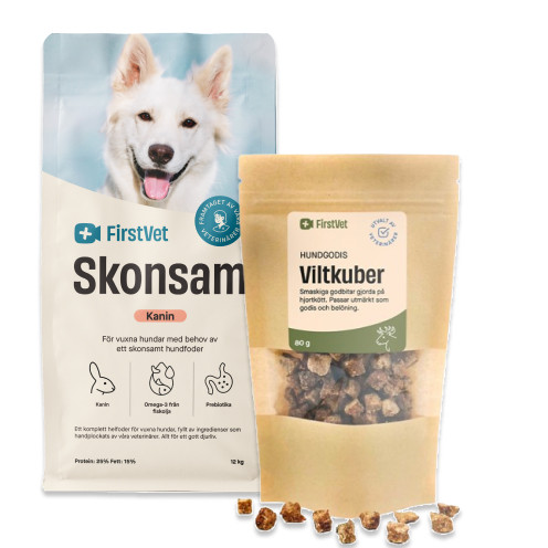 K&ouml;p FirstVet Skonsam, hypoallergent foder f&ouml;r hundar 12 kg - f&aring; godis p&aring; k&ouml;pet! - 12 kg + 80 g