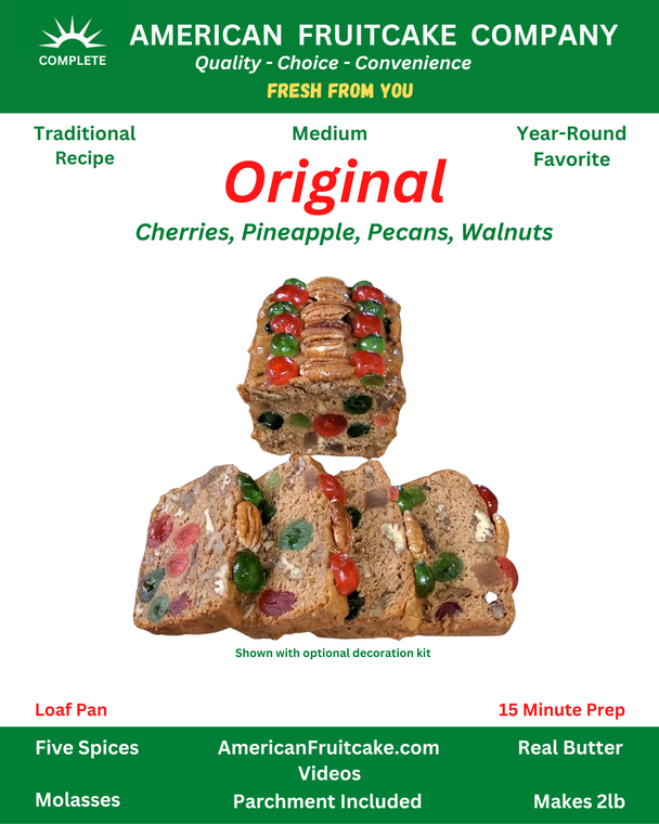 Custom American Fruitcake, Medium 2lb.  Your choice of whole red cherries, whole green cherries, pineapple wedges, green cherry halves, diced crystallized ginger, diced citron, pecan halves, walnut halves and pieces.