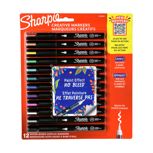 Sharpie Creative Marker Water-Based Waterproof Acrylic Paint Pen for multiple surfaces, Set of 12 Brush Tip
