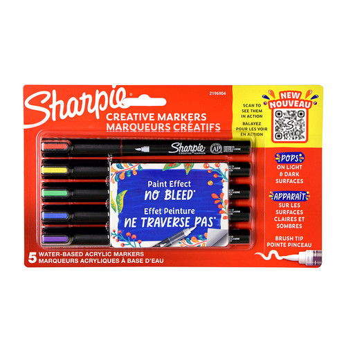 Sharpie Creative Marker Water-Based Waterproof Acrylic Paint Pen for multiple surfaces, Set of 5 Brush Tip