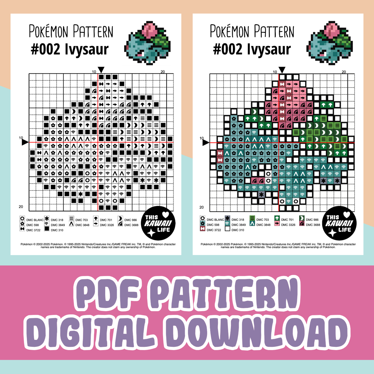 #002 Ivysaur - Cross Stitch Digital PDF Download Pattern