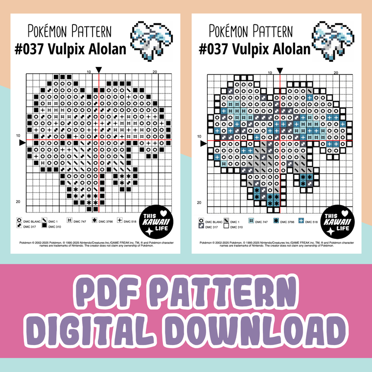 #037 Alolan Vulpix - Cross Stitch Digital PDF Download Pattern