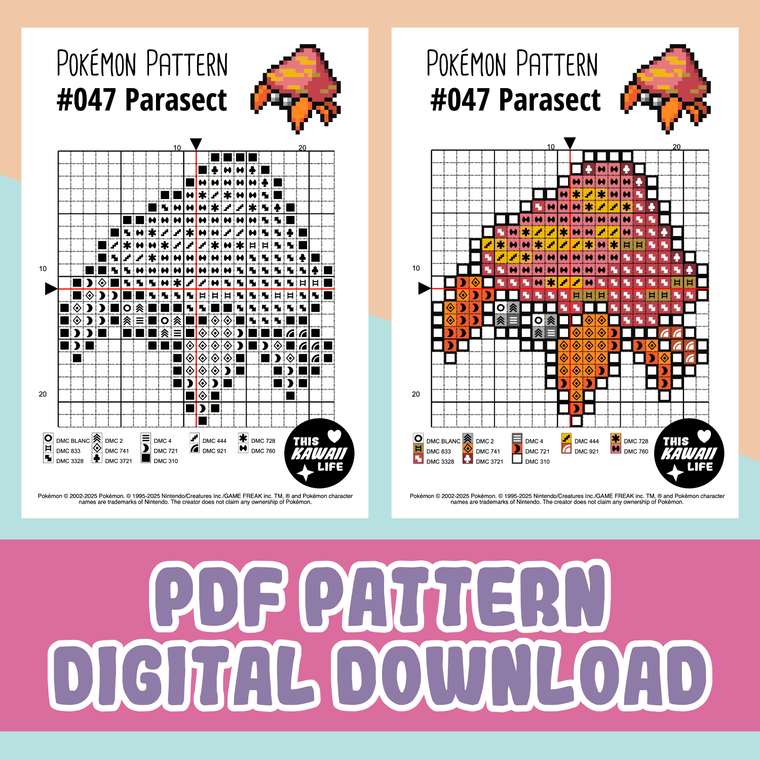 #047 Parasect - Cross Stitch Digital PDF Download Pattern