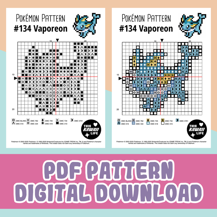 #134 Vaporeon - Cross Stitch Digital PDF Download Pattern