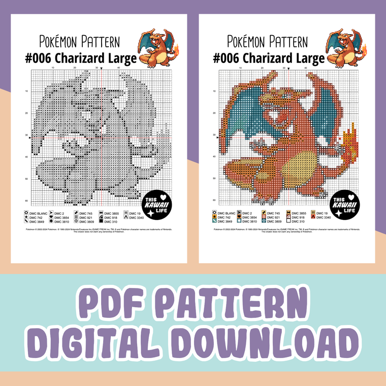#006 Charizard - Large Cross Stitch Digital PDF Download Pattern