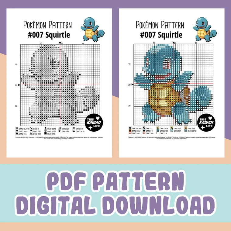 #007 Squirtle - Large Cross Stitch Digital PDF Download Pattern