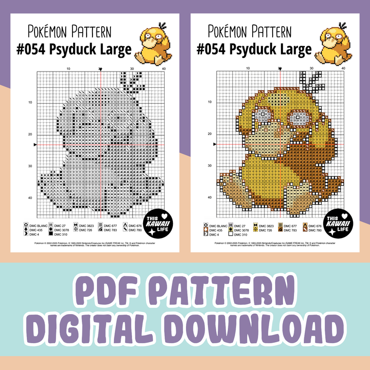 #054 Psyduck - Large Cross Stitch Digital PDF Download Pattern