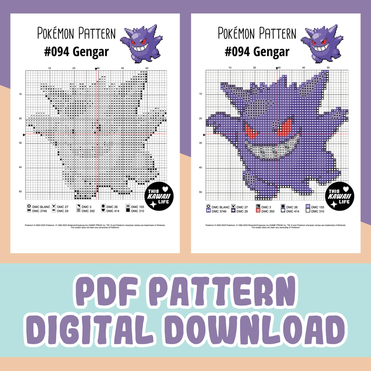 #094 Gengar - Large Cross Stitch Digital PDF Download Pattern