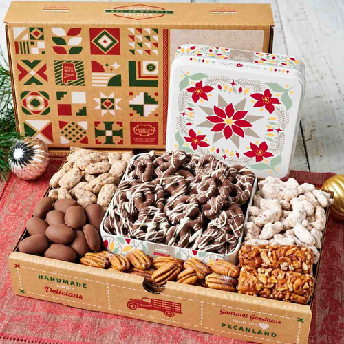 Priester’s Festive Favorites Sampler Gift Set with assorted pecan treats and a poinsettia Christmas tin filled with chocolate pretzels drizzled in white chocolate.