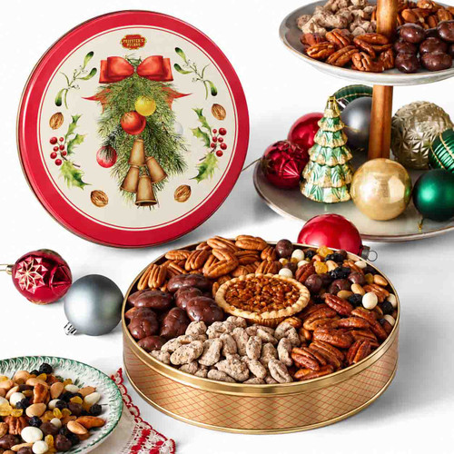 Pecan Candy Christmas Gift Tin with an assortment of Priester's treats packed in a festive Priester's Garland and Bells Gift Tin/