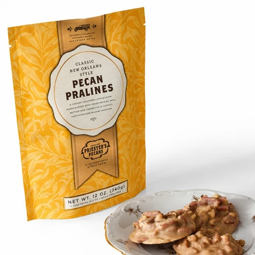 Priester’s Classic New Orleans Style Pecan Pralines 12 oz gift bag with pralines displayed on a plate.