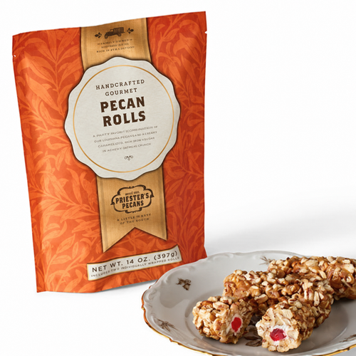 Priester’s 14 oz Pecan Rolls gift bag with caramel pecan candy rolls showing creamy centers and red cherries.