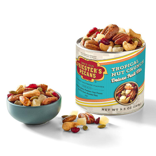 Priester’s Tropical Nut Crunch Trail Mix 9.5 oz canister with pecans, cashews, almonds, dried pineapple, cranberries, and pumpkin seeds