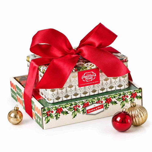 Priester’s Holiday Traditions Tower Duo with two stacked holiday gifts tied with a red ribbon