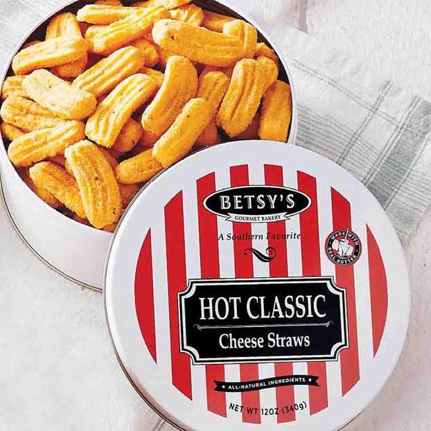 Betsy’s Classic Hot Cheese Straws in a 12 oz. gift tin