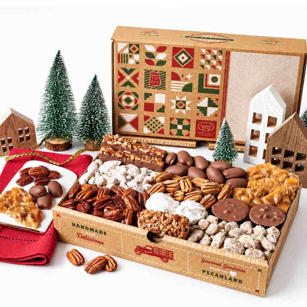 Priester’s Southern Holiday Snack Pack Gift Box with assorted pecans and Southern candies in festive quilt-inspired Christmas packaging.