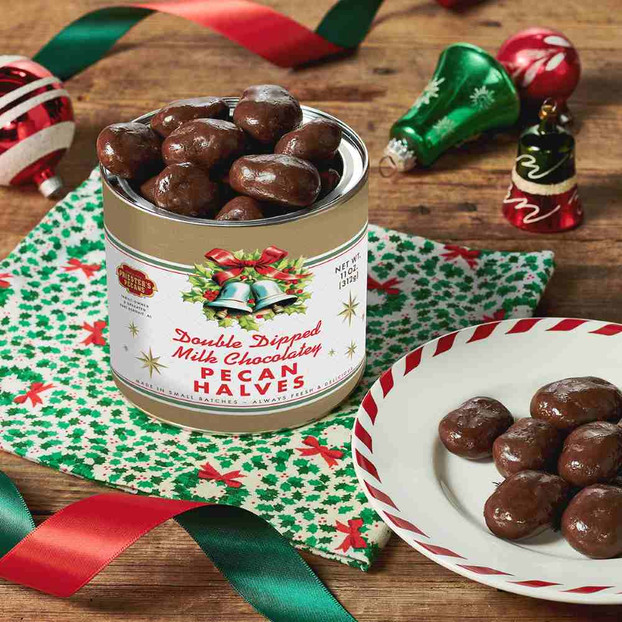 Vintage Holiday Canister full of Chocolatey Pecan Halves